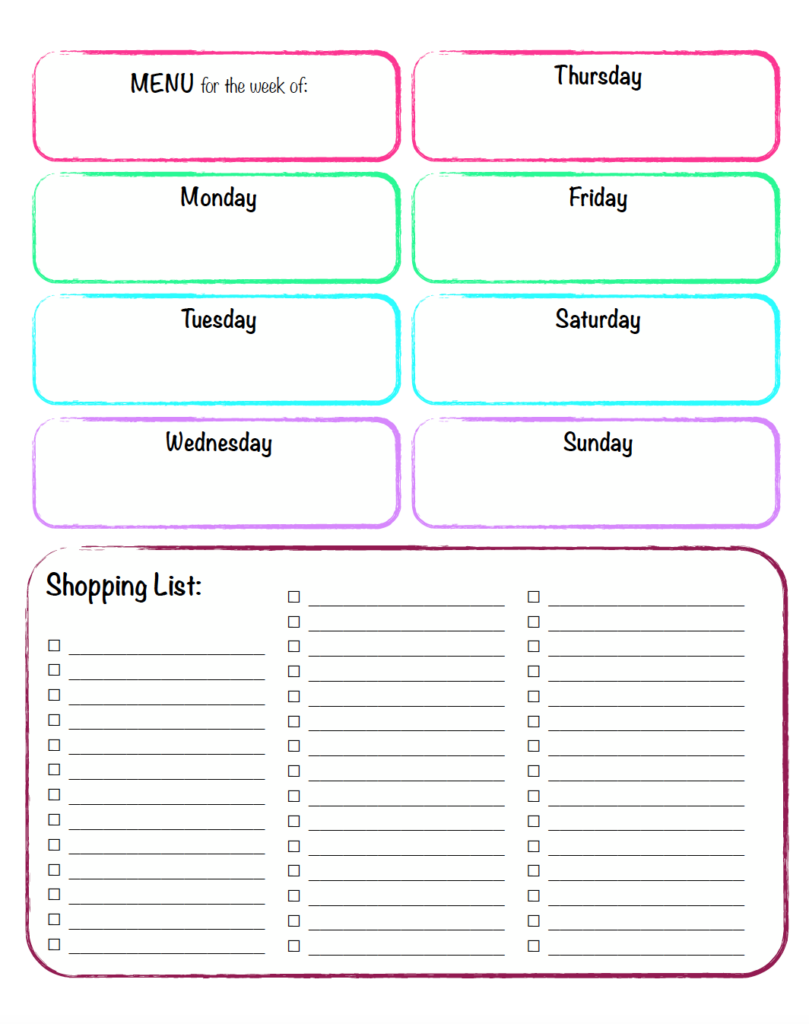 Brighten up meal planning with this colorful weekly meal planner with grocery list printable. Keep your weekly menu organized while creating a shopping list all on one page. This free printable meal planner PDF is perfect for weekly meal prep.