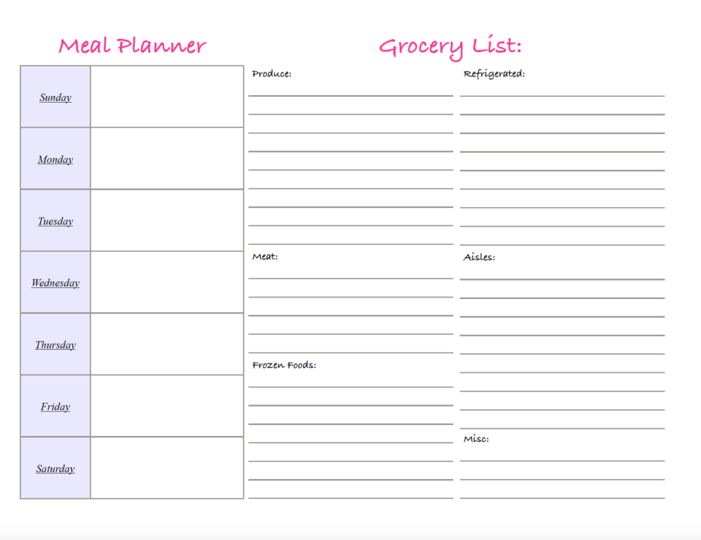 Looking for a horizontal meal planner? This landscape printable weekly meal planner with grocery list gives you plenty of room to organize meals and create a shopping list for the week. Download this free printable meal planner PDF for easy weekly meal planning.