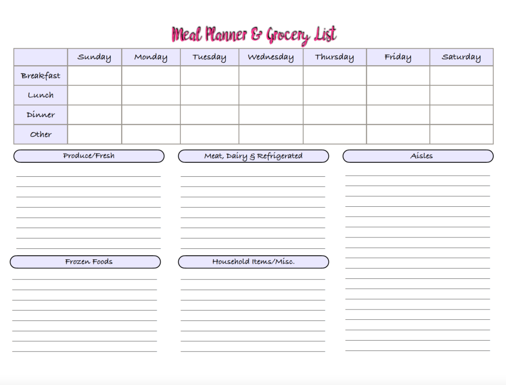 Stay organized with this printable weekly meal planner with grocery list. Plan breakfast, lunch, dinner, and snacks while keeping your grocery shopping organized on one printable page. Download this free printable meal planner PDF and start planning your week.
