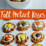 These easy fall pretzel kisses are the perfect sweet-and-salty treat for autumn! Salty pretzels are topped with striped Hershey's Kisses and colorful Reese’s Pieces for a simple fall dessert or snack. Make these easy fall pretzel treats for parties, gatherings, or Thanksgiving.