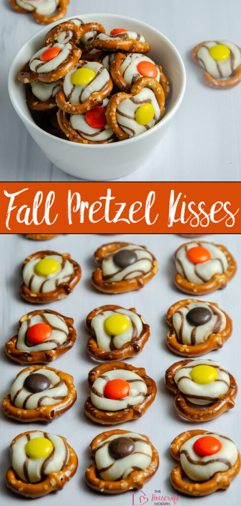 These easy fall pretzel kisses are the perfect sweet-and-salty treat for autumn! Salty pretzels are topped with striped Hershey's Kisses and colorful Reese’s Pieces for a simple fall dessert or snack. Make these easy fall pretzel treats for parties, gatherings, or Thanksgiving.