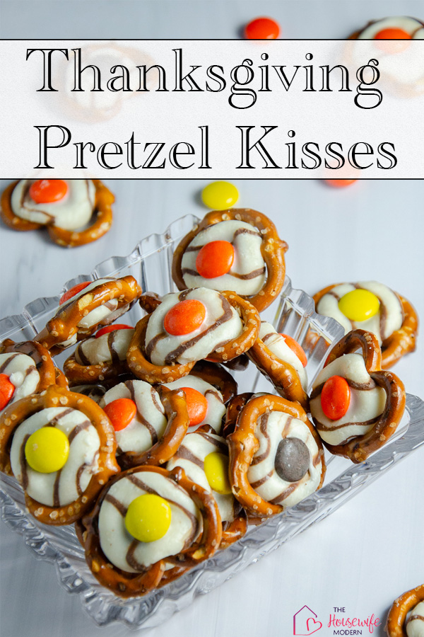 These easy Thanksgiving pretzels are a fun sweet-and-salty treat for the holiday season. Pretzels topped with striped Hershey's Kisses and Reese’s Pieces make colorful Thanksgiving pretzel treats that are simple to make for parties, gatherings, or Thanksgiving dessert.