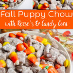 Looking for an easy Fall Puppy Chow recipe? This fall-themed puppy chow combines classic chocolate peanut butter Chex with Reese’s Pieces, candy corn, harvest candy corn, and candy pumpkins. It’s an easy fall snack for parties, Halloween, Thanksgiving, or just for a sweet autumn treat.