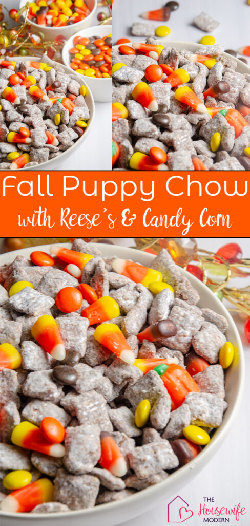 Looking for an easy Fall Puppy Chow recipe? This fall-themed puppy chow combines classic chocolate peanut butter Chex with Reese’s Pieces, candy corn, harvest candy corn, and candy pumpkins. It’s an easy fall snack for parties, Halloween, Thanksgiving, or just for a sweet autumn treat.