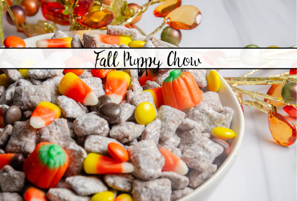 Featured image for fall puppy chow. Puppy chow in white bowl with white background and clearish crystal fall leaves on wire wreath.
