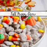 Featured image for fall puppy chow. Puppy chow in white bowl with white background and clearish crystal fall leaves on wire wreath.