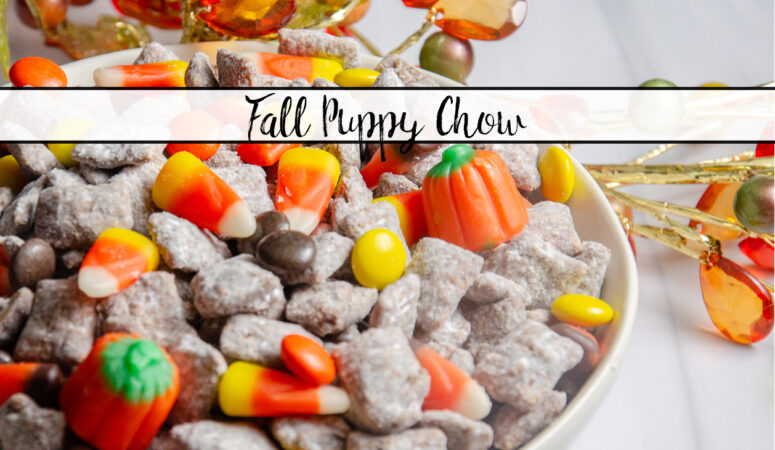 Featured image for fall puppy chow. Puppy chow in white bowl with white background and clearish crystal fall leaves on wire wreath.