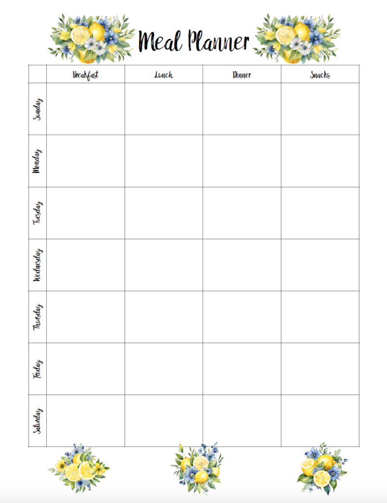 Organize your meals with this free printable weekly meal planner featuring cheerful watercolor lemons and blue flowers. The easy-to-use grid includes space for breakfast, lunch, dinner, and snacks for all seven days, so you can see your entire weekly menu at a glance. Download the free meal planner PDF and print.