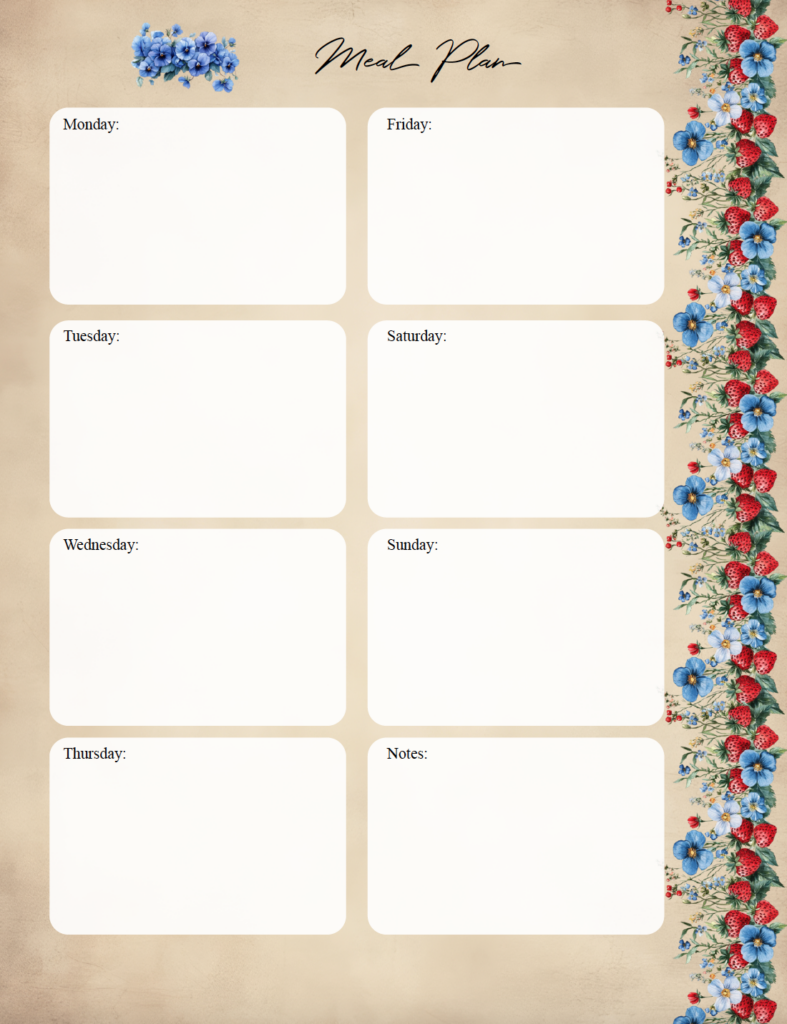 Plan your weekly menu with this free printable weekly meal planner featuring vintage-inspired florals, strawberries, and a warm parchment background. Large daily spaces give you plenty of room to write meals or meal prep ideas, with an extra notes section for the week. Download the free meal planner PDF and print.