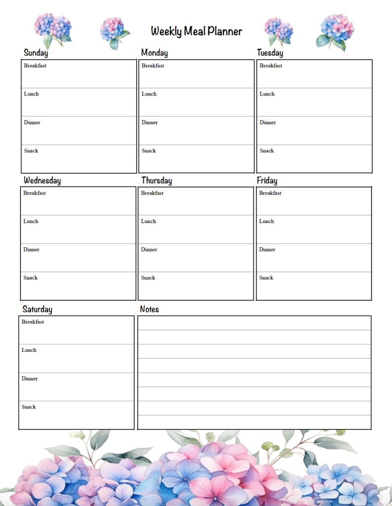 Plan your meals for the week with this free printable weekly meal planner featuring soft watercolor hydrangeas. With space for breakfast, lunch, dinner, snacks, and notes, this pretty floral meal planner makes weekly meal planning simple and organized. Download the free PDF and print.