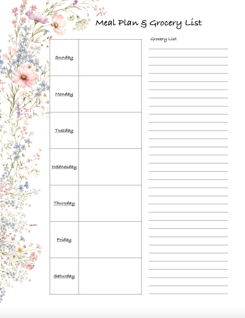 Plan meals and make your shopping list in one place with this free printable weekly meal planner with grocery list. The menu has plenty of room for planning meals and writing your grocery list. Delicate watercolor wildflowers add a pretty finishing touch. Download the free PDF and print.
