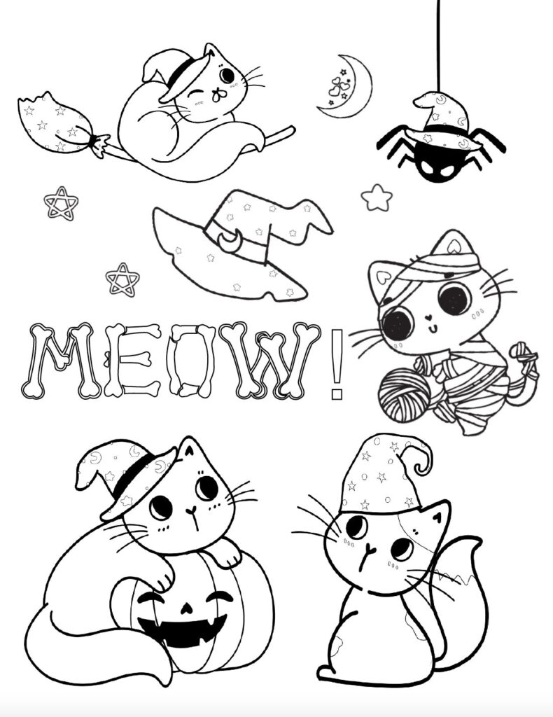Download this cute Halloween cat coloring page featuring playful cats, pumpkin, spider, and spooky Halloween fun. A free printable coloring page kids will love. Find even more free Halloween coloring pages in this growing collection.