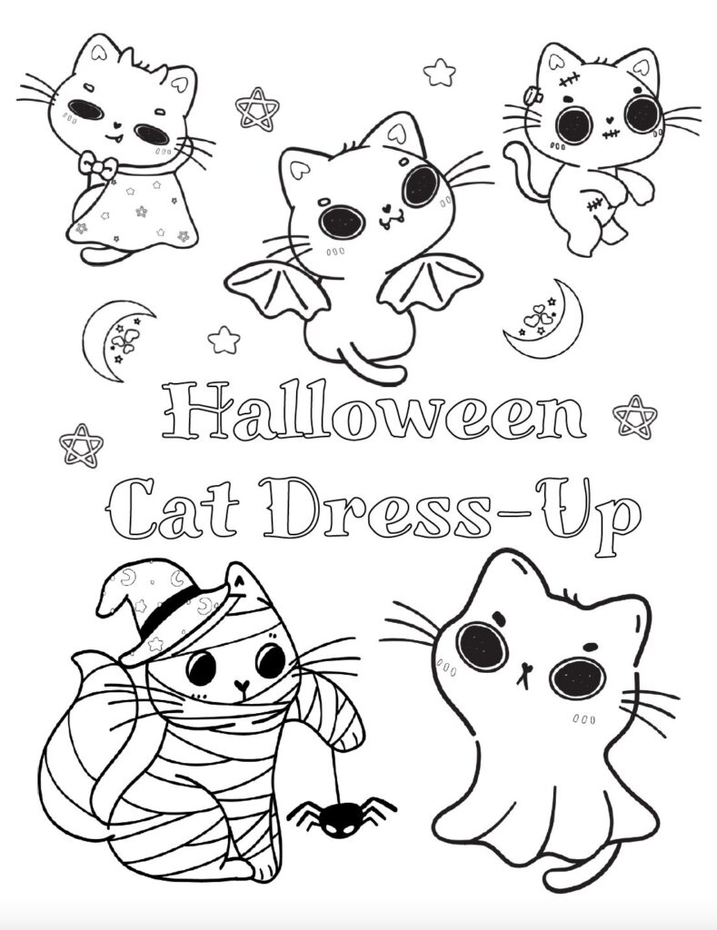 Get these dress up adorable Halloween cats as ghosts, mummies, bats, and zombies with this free printable Halloween cat coloring page. Perfect for kids who love cute Halloween coloring pages. Find even more free Halloween coloring pages in this growing collection.