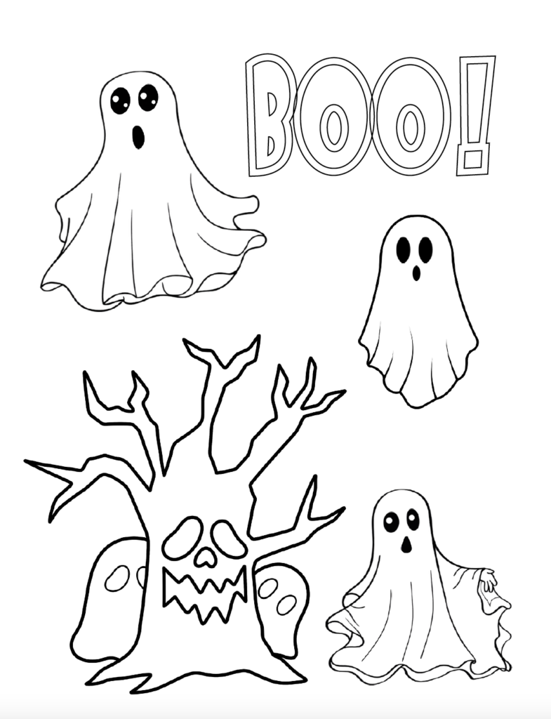 Download this free Halloween ghost coloring page featuring wide-eyed ghosts, a spooky haunted tree, and a fun