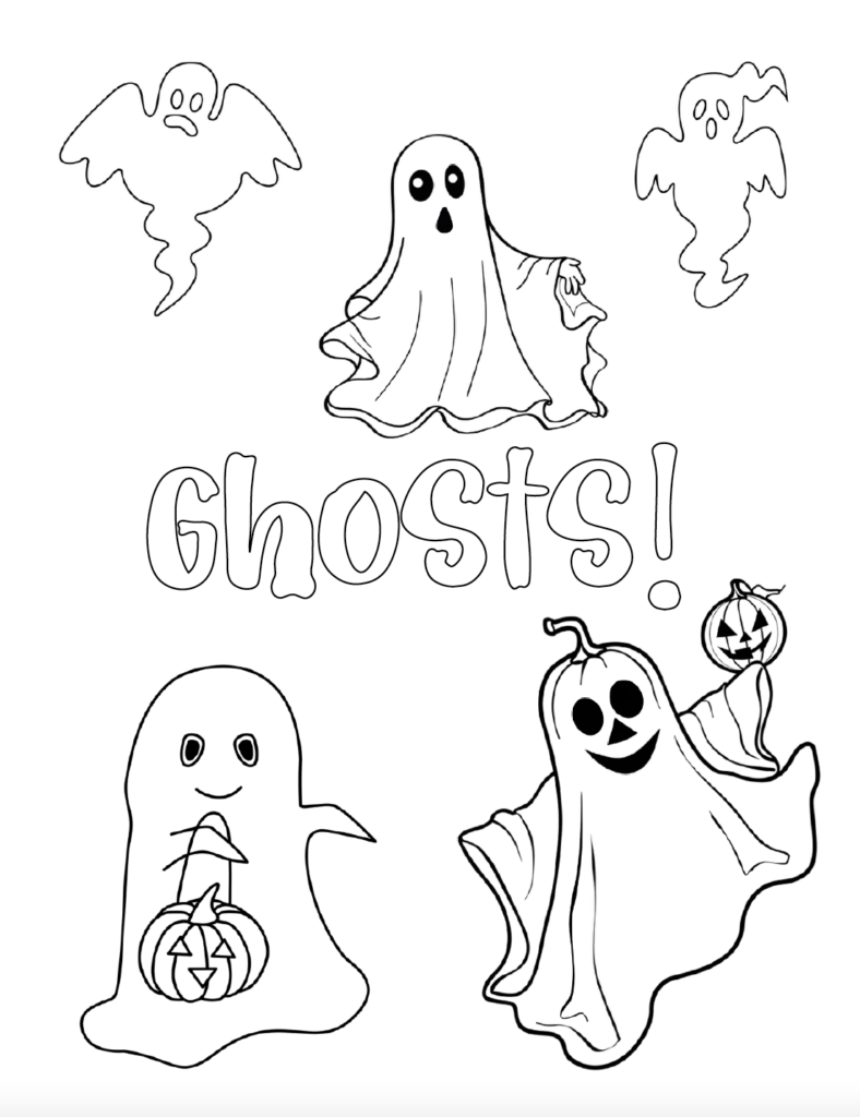 Print this cute Halloween ghost coloring page featuring playful ghosts, pumpkins, and spooky Halloween lettering. Easy PDF printable for classrooms, parties, or fun at home. Find even more free Halloween coloring pages in this growing collection.
