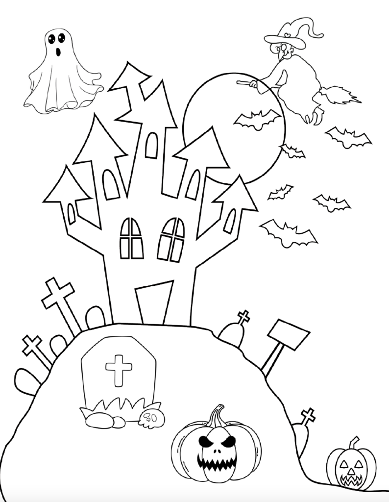 Download this free haunted house coloring page featuring a crooked Halloween house, pumpkins, tombstones, bats, a ghost, and a flying witch. Perfect for kids who love spooky Halloween fun. Find even more free Halloween coloring pages in this growing collection.