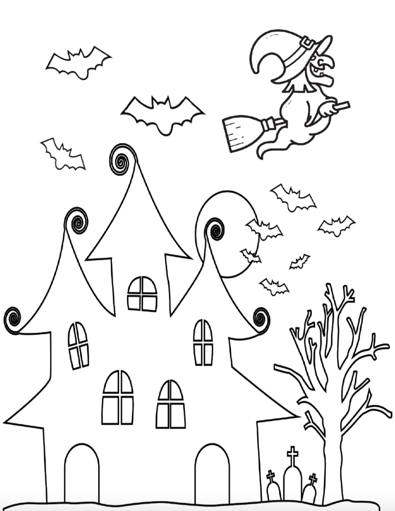 Print this free haunted house coloring page with a spooky Halloween house, flying witch, bats, and moonlit Halloween scene. Easy PDF printable for kids. Find even more free Halloween coloring pages in this growing collection.