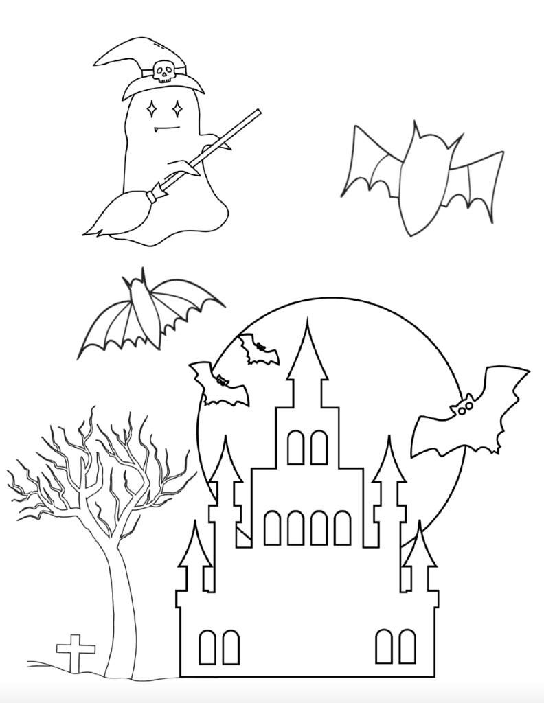 Color a spooky Halloween house with tall turrets, a haunted tree, bats, and a ghost flying on a broomstick. Download this free printable Halloween coloring page for kids. Find even more free Halloween coloring pages in this growing collection.