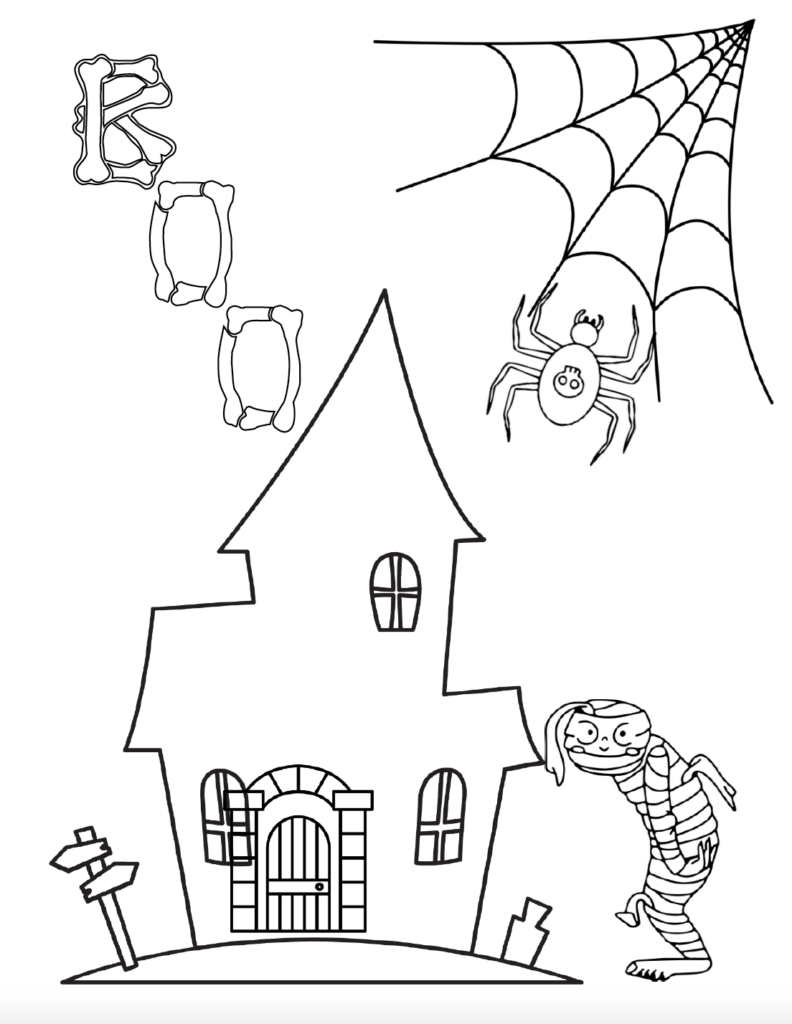 Download this free haunted house coloring page featuring a mummy, spider web, spooky