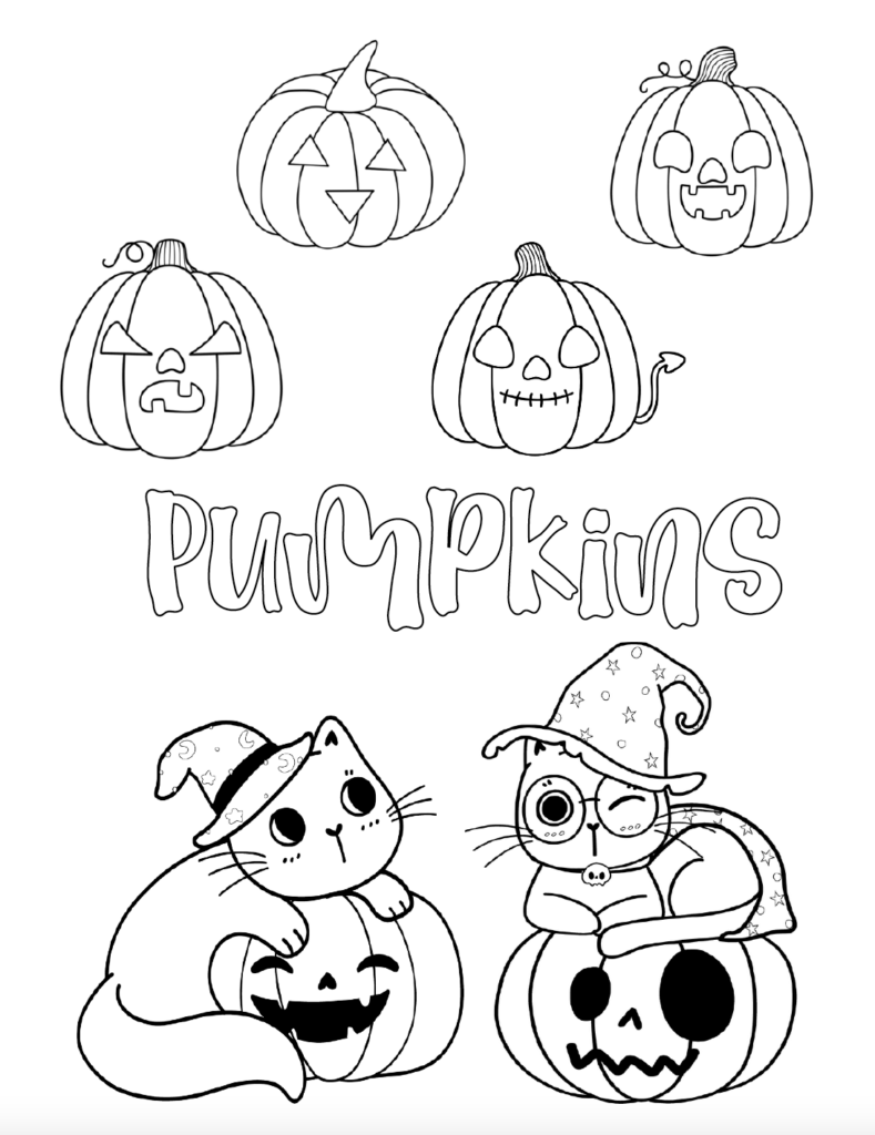 Print this free Halloween pumpkin coloring page featuring adorable Halloween cats sitting on jack-o'-lanterns and plenty of pumpkins to color. Great for kids and classrooms. Find even more free Halloween coloring pages in this growing collection.