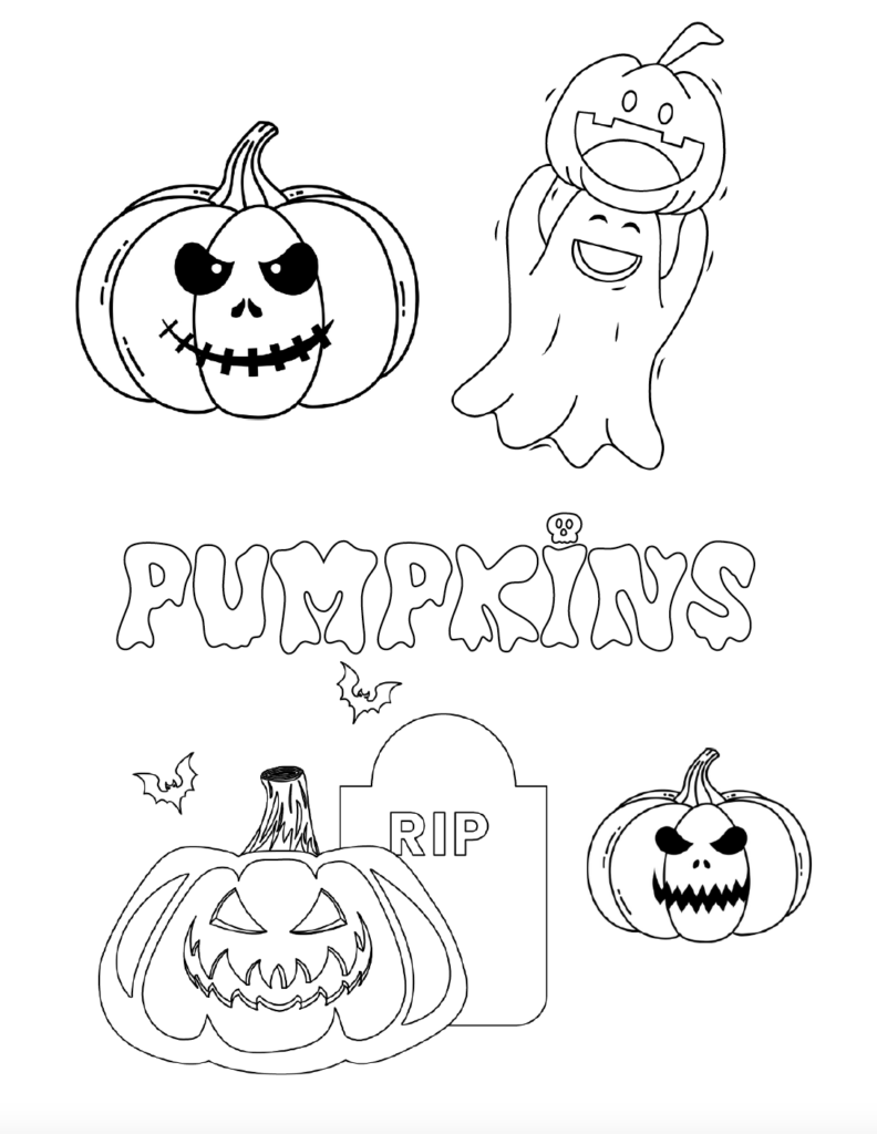 Download this spooky Halloween pumpkin coloring page with carved jack-o'-lanterns, friendly ghost, and a tombstone. Easy printable PDF for kids. Find even more free Halloween coloring pages in this growing collection.