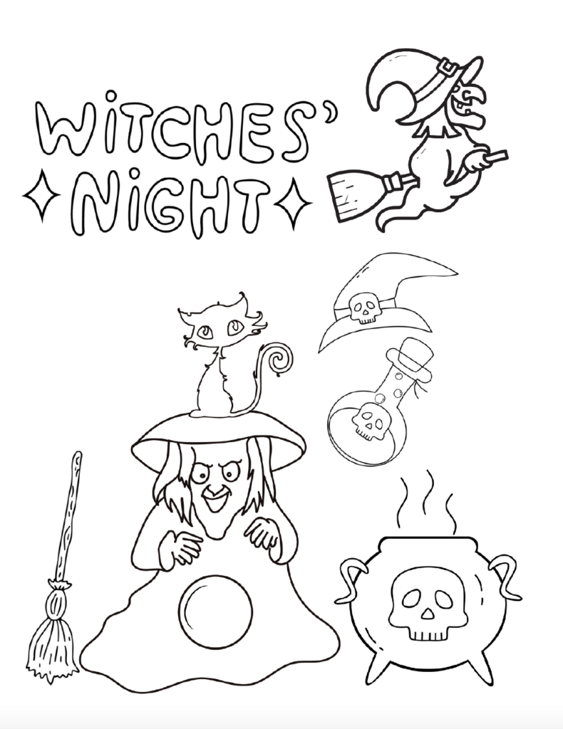 Download this free Halloween witch coloring page featuring a bubbling cauldron, cat, potion bottle, broomstick, and