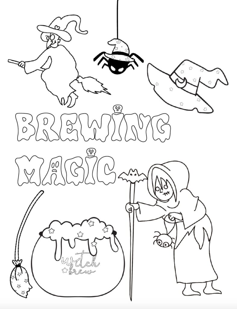 Print this free Halloween witch coloring page featuring a bubbling cauldron, flying witch, spider, broomstick, and magical