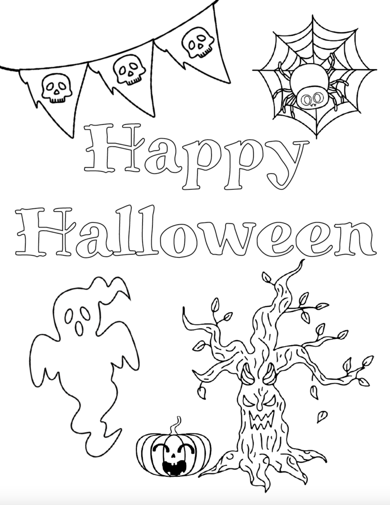 Download this free printable Happy Halloween coloring page for kids featuring a ghost, spider, jack-o'-lantern, spooky tree, and Halloween banner. Perfect for classrooms, Halloween parties, or fun at home. Find even more free Halloween coloring pages in this growing collection.