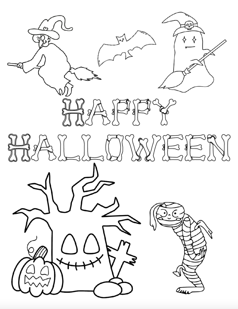 Print this free Happy Halloween coloring page PDF featuring a witch, mummy, ghost, bat, pumpkin, and spooky tree. A fun Halloween activity for kids at home, school, or parties. Discover more free Halloween coloring pages in the full collection.