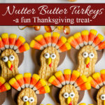 Make these cute Nutter Butter turkeys for a fun Thanksgiving treat! Nutter Butter cookies, Fudge Stripe cookies, and candy corn come together to make adorable turkey cookies kids will love. Perfect for Thanksgiving parties, classroom treats, or a festive dessert.