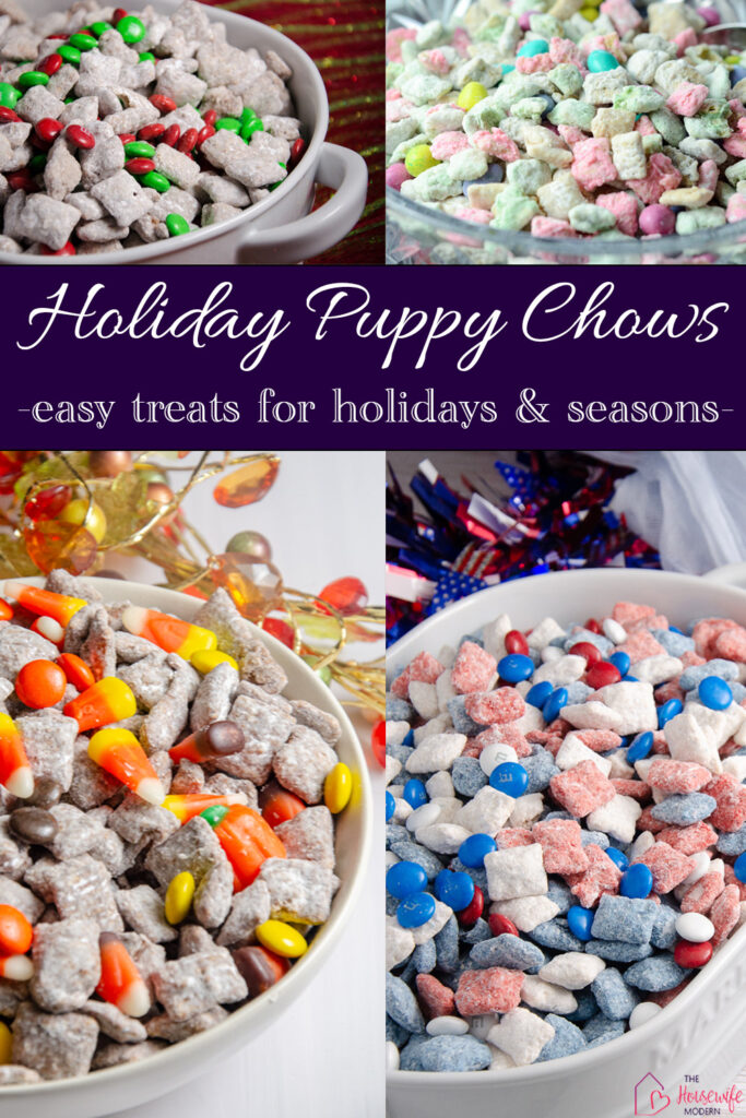 Find festive holiday puppy chow recipes for Christmas, Easter, fall, patriotic celebrations, and more. These easy seasonal puppy chow treats are fun for parties, holidays, classrooms, and sharing with family and friends. New recipes added regularly, so save this collection!