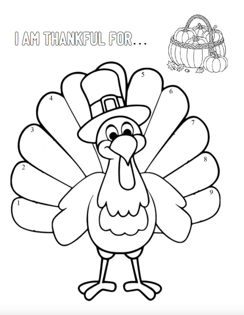 This free thankful turkey printable is a fun Thanksgiving gratitude activity for kids! Children can write something they’re thankful for on each of the turkey’s nine numbered feathers, then color the turkey, lettering, and pumpkins. This I Am Thankful For turkey worksheet is an easy activity for home, classrooms, homeschool, or Thanksgiving gatherings.