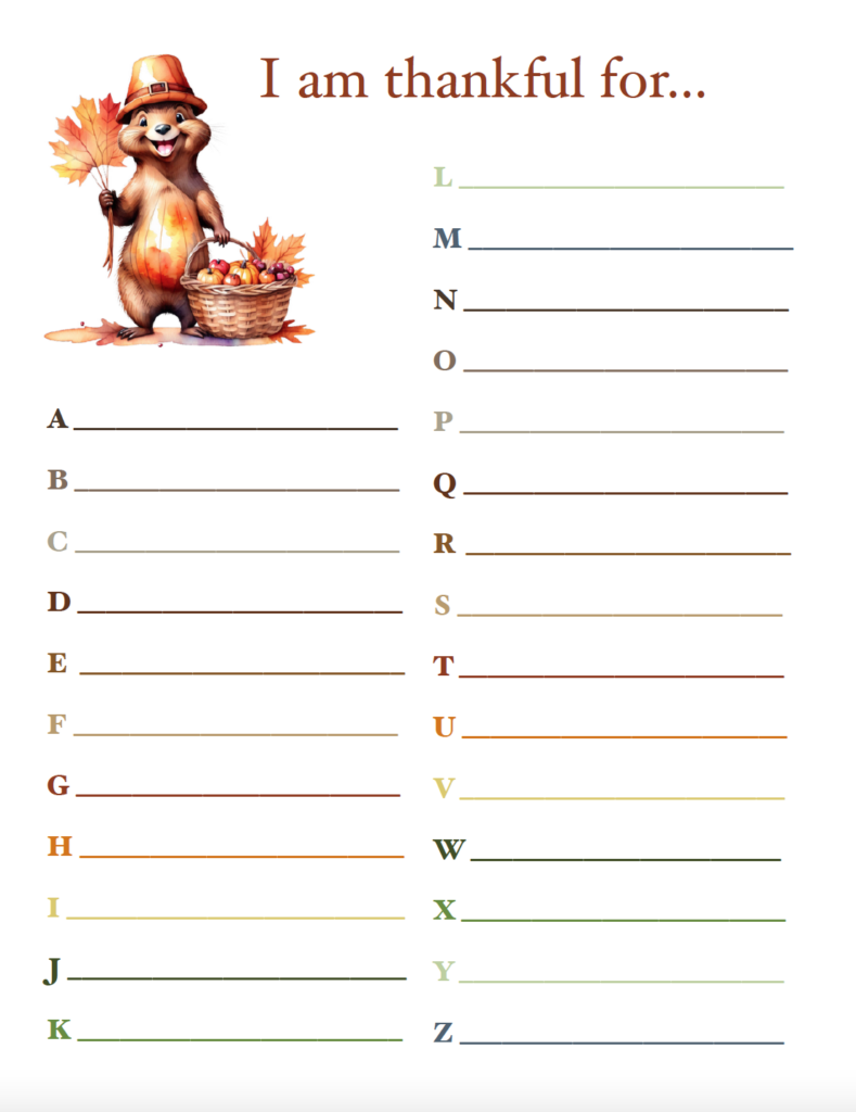 Encourage kids to ponder gratitude from A to Z with this free printable thankful worksheet. Kids can list something they’re thankful for beginning with every letter of the alphabet, making it a fun Thanksgiving gratitude activity for home, classrooms, or homeschool. See what creative answers they come up with for tricky letters like X and Z!