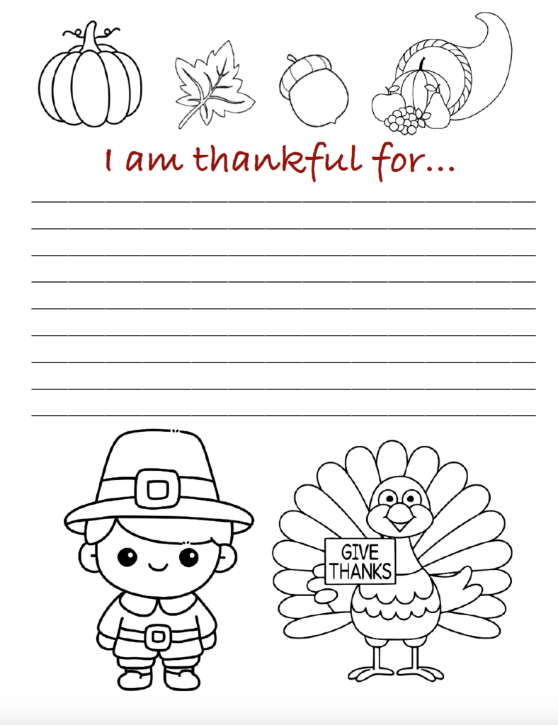 Help kids reflect on what they’re grateful for with this free printable I Am Thankful For worksheet. There’s plenty of lined space for kids to write, plus a turkey, pilgrim, other Thanksgiving designs to color. This thankful worksheet for kids makes a simple Thanksgiving gratitude activity for home, homeschool, classrooms, or holiday gatherings.