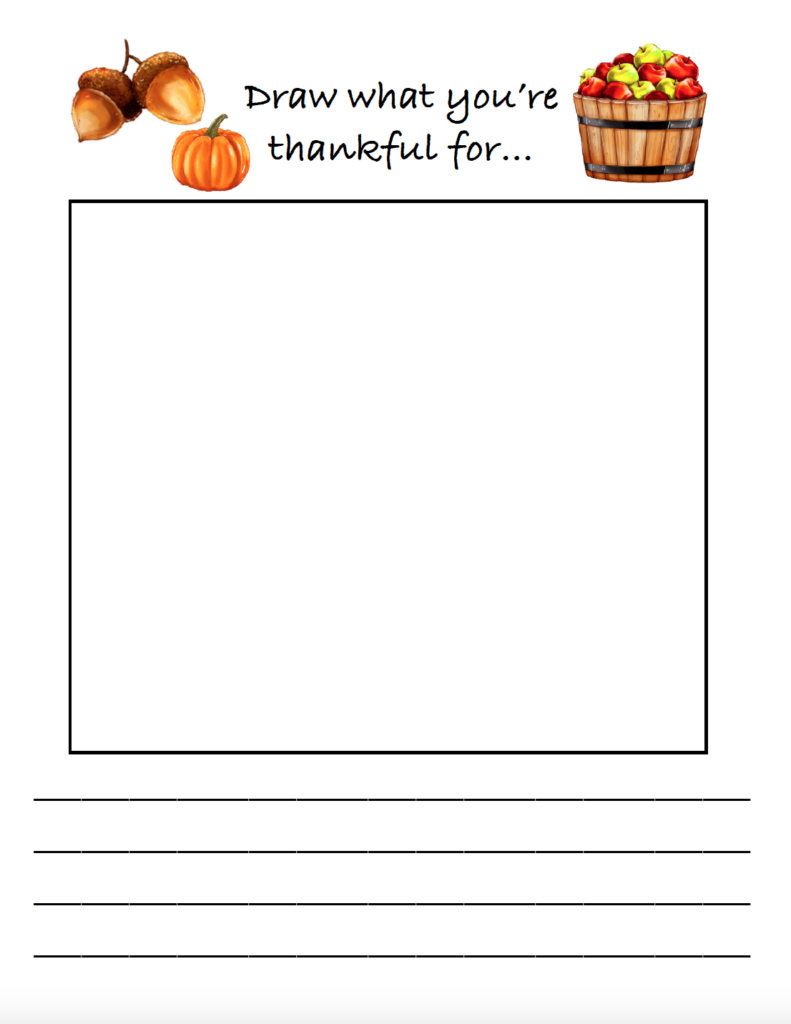 Let kids show what they’re grateful for with this free printable thankful worksheet. A large blank box gives kids plenty of room to draw what they’re thankful for, with a few lines underneath to write about their picture. This simple Thanksgiving gratitude activity is especially fun for younger kids at home, preschool, kindergarten, or homeschool.