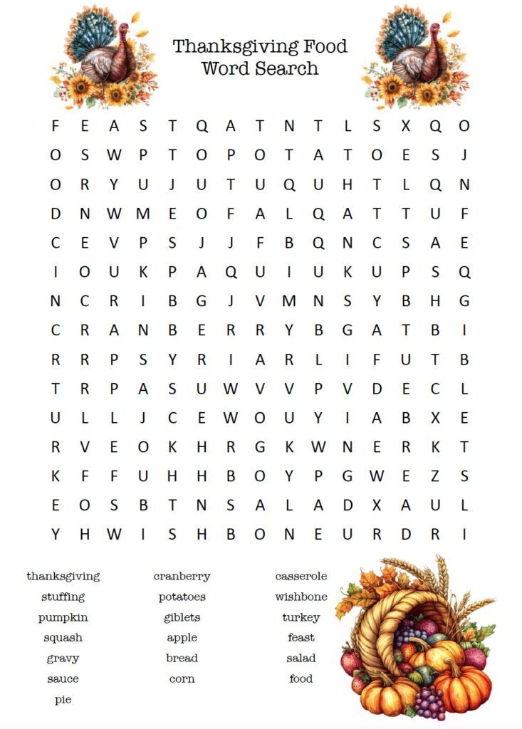 Download this free printable Thanksgiving food word search! Kids will have fun finding Thanksgiving dinner favorites like turkey, stuffing, pie, cranberries, & more. This printable PDF includes an answer key and is perfect for classrooms, homeschool, Thanksgiving parties, or a fun holiday activity at home. Plus, discover 3 more free Thanksgiving word search puzzles!
