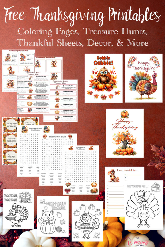 Browse free Thanksgiving printables including thankful worksheets, conversation starters, treasure hunts, coloring pages, wall art, and word searches. Perfect for family gatherings, classrooms, and Thanksgiving fun with kids. Free PDF downloads.