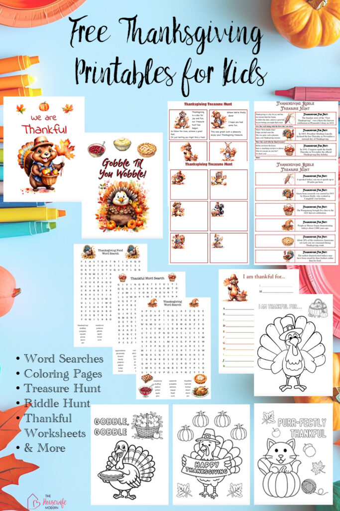 Looking for free Thanksgiving printables for kids? Find fun Thanksgiving activities including coloring pages, word searches, treasure hunts, thankful worksheets, conversation starters, & more. Perfect for keeping kids entertained and adding a little extra fun to Thanksgiving. Free PDF downloads.