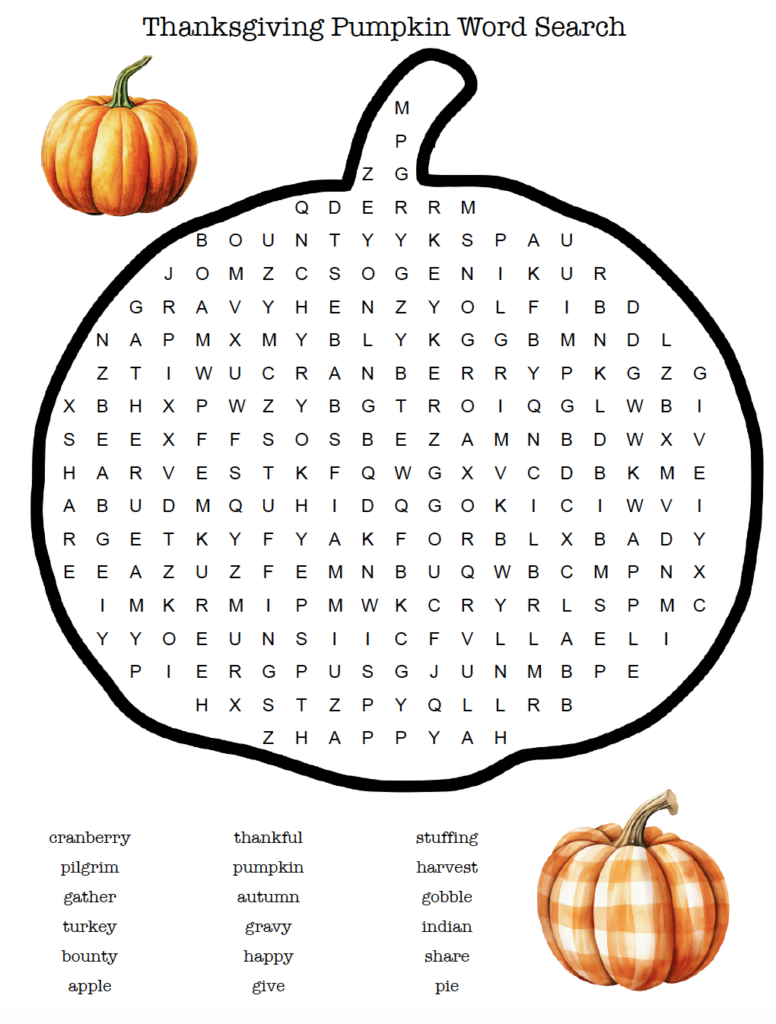 Celebrate the season with this free printable Thanksgiving pumpkin word search! This fun pumpkin-shaped puzzle is a great Thanksgiving activity for kids in the classroom, homeschool, or at home. Download the printable PDF with answer key. Plus, discover 3 more free Thanksgiving word search puzzles!