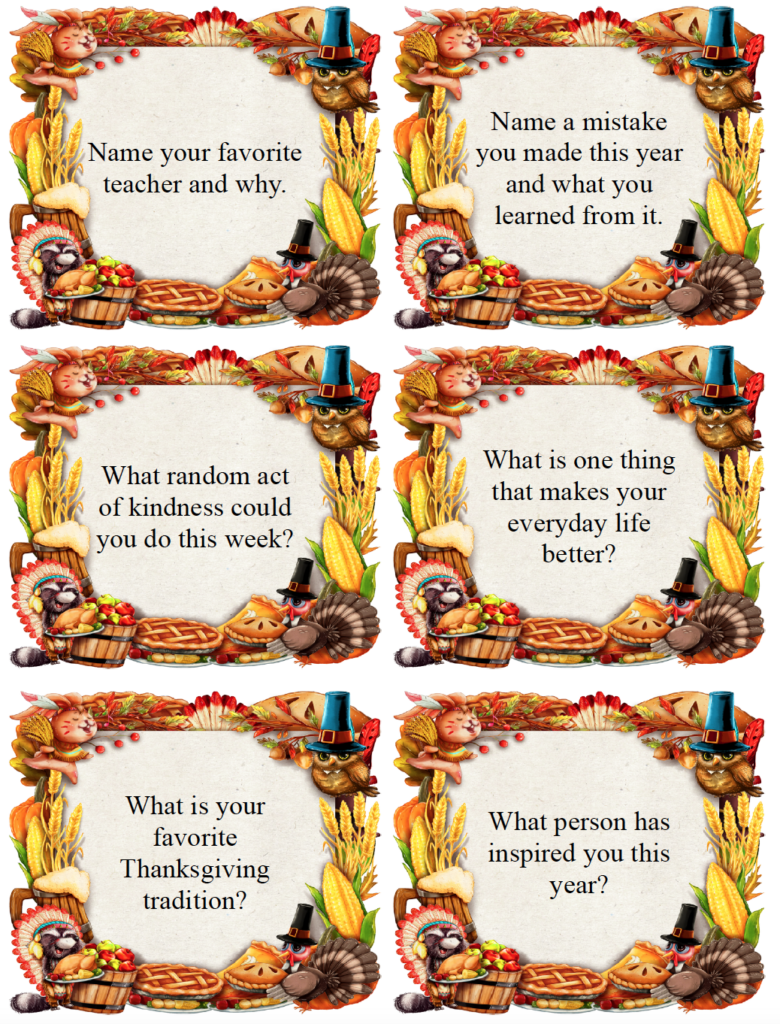 Free printable Thanksgiving conversation starters with fun and thoughtful questions for kids and adults. Use these Thanksgiving questions around the dinner table to share memories, talk about gratitude, learn more about each other, and keep the conversation going. Blanks included.