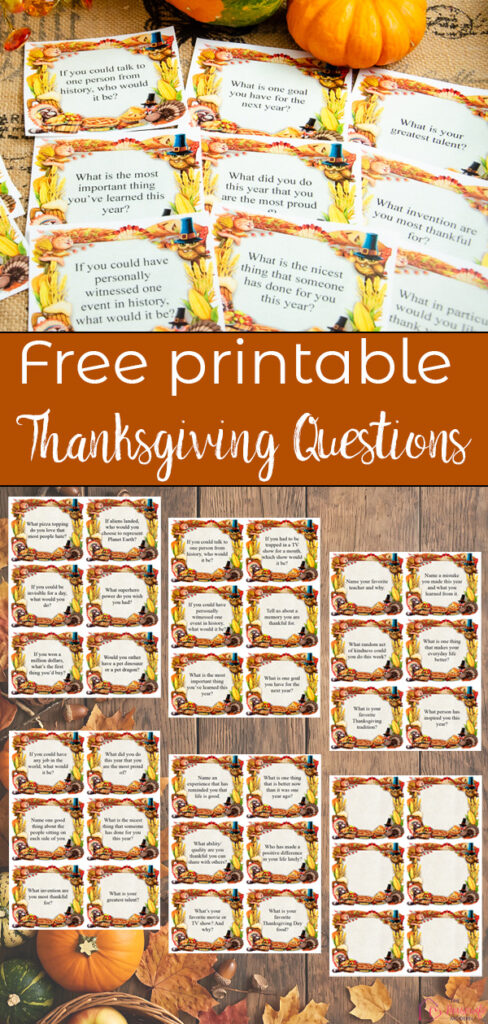 Looking for fun Thanksgiving conversation starters? These 30 free printable Thanksgiving questions include a mix of funny, thoughtful, and gratitude-inspired prompts for kids & adults. Print the conversation cards, cut them apart, and use them around the Thanksgiving dinner table to get everyone talking. Blanks also included.