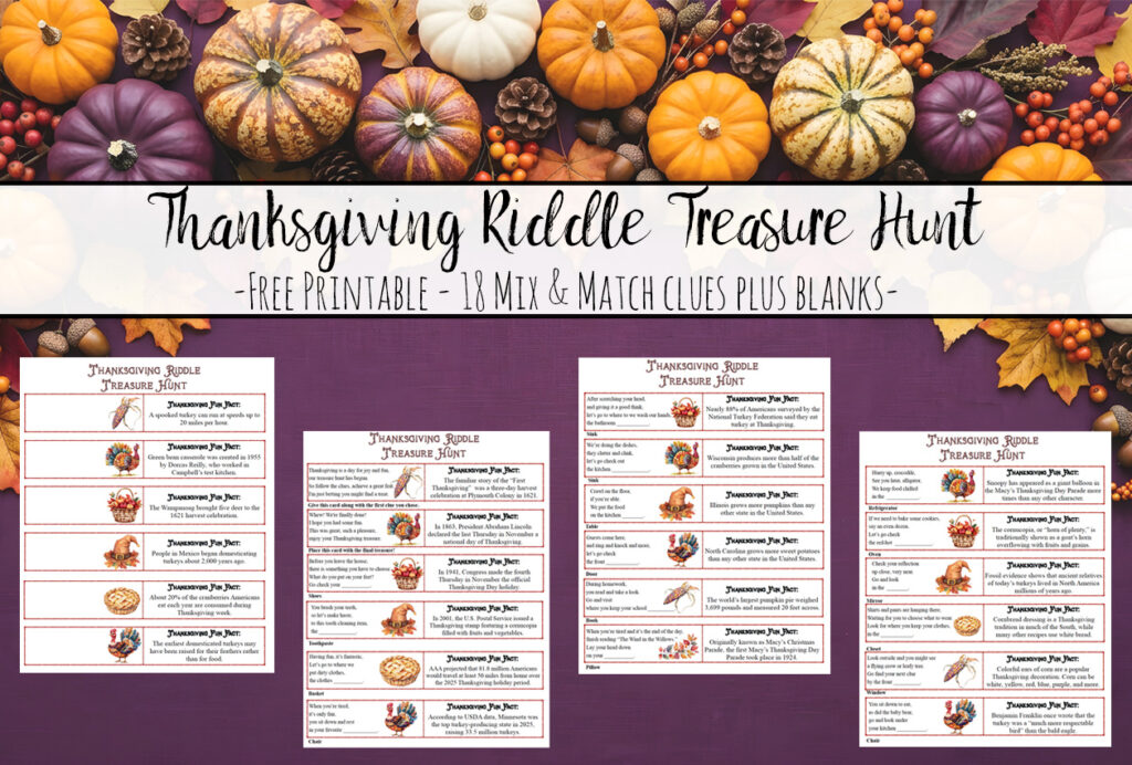 Featured image for free printable Thanksgiving riddle treasure hunt
