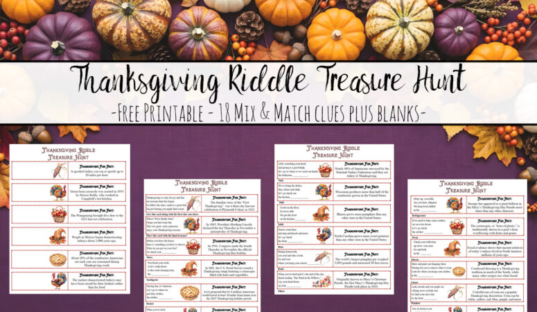 Featured image for free printable Thanksgiving riddle treasure hunt