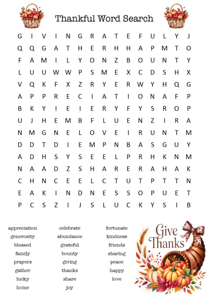 Teach gratitude with this free printable thankful word search! Kids will enjoy finding positive, thankful-themed words while celebrating Thanksgiving. This printable PDF includes an answer key and is perfect for classrooms, homeschool, church groups, or family activities. Plus, discover 3 more free Thanksgiving word search puzzles!
