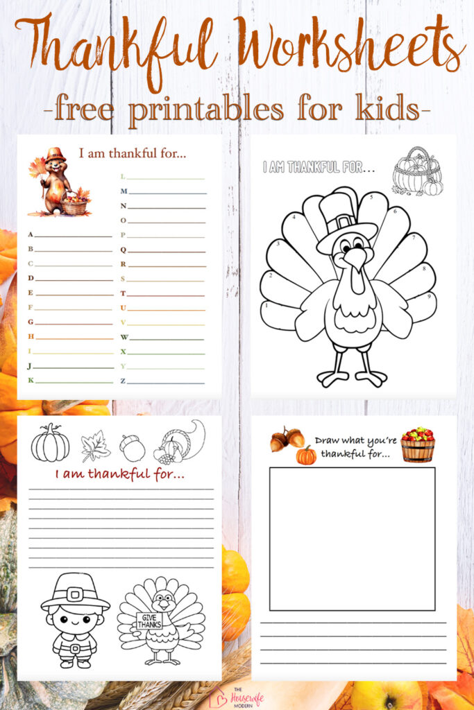Help kids celebrate Thanksgiving and practice gratitude with these 4 free printable thankful worksheets for kids! The set includes an I Am Thankful For worksheet with plenty of writing space, a draw-and-write activity, an A-Z gratitude worksheet, and a thankful turkey printable. These fun Thanksgiving gratitude activities are perfect for home, classrooms, homeschool, or holiday gatherings. Just download and print.