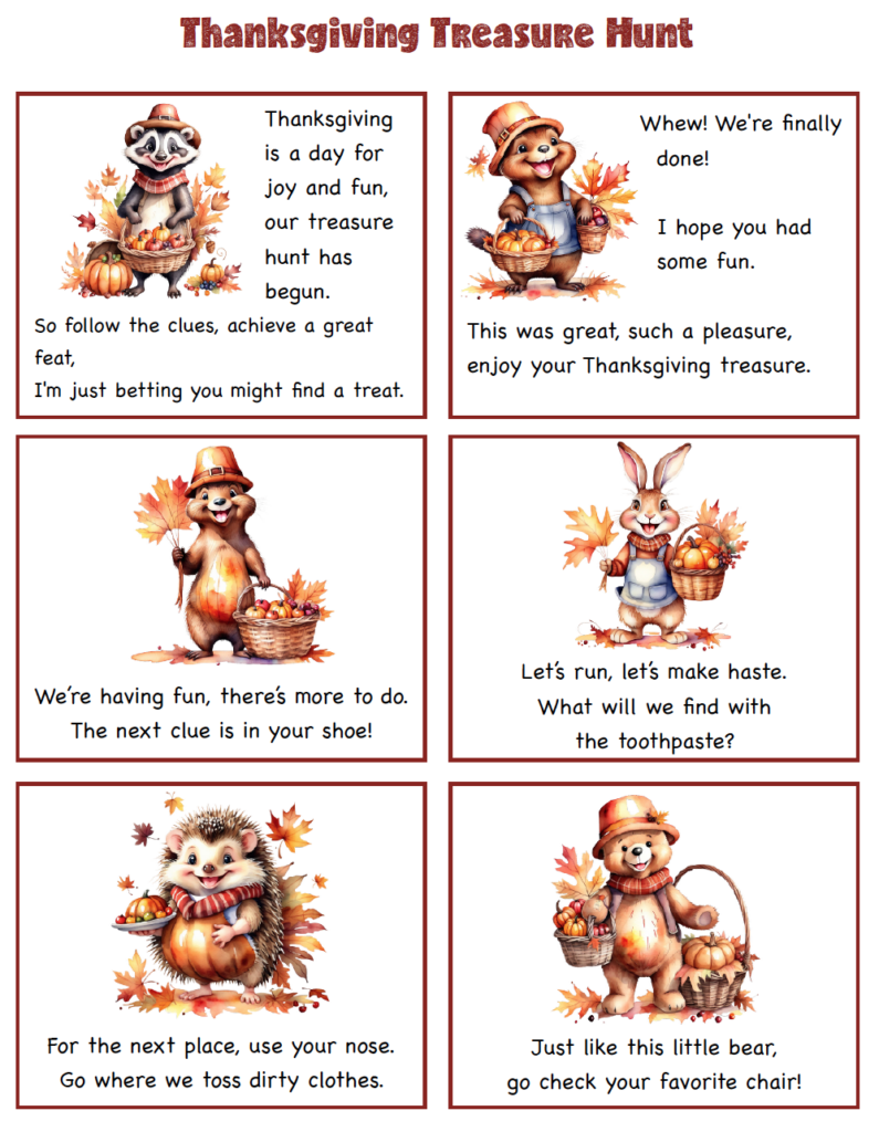Free printable Thanksgiving treasure hunt clues for kids! Mix and match 16 simple rhyming clues to create a fun indoor treasure hunt that works for your home and family.