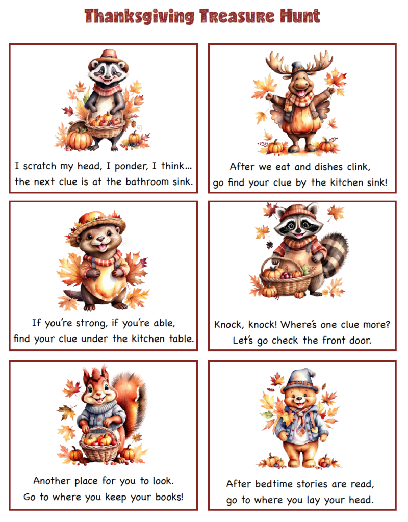 Free printable Thanksgiving treasure hunt clues for kids! Mix and match 16 simple rhyming clues to create a fun indoor treasure hunt that works for your home and family.