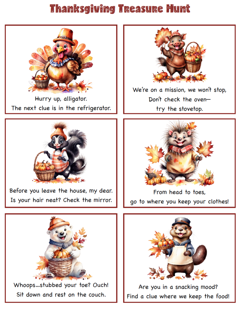 Free printable Thanksgiving treasure hunt clues for kids! Mix and match 16 simple rhyming clues to create a fun indoor treasure hunt that works for your home and family.