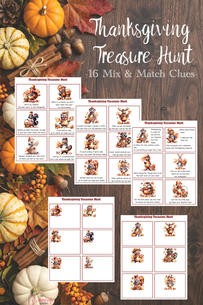 Make Thanksgiving fun with a free printable Thanksgiving treasure hunt for kids! Choose from 16 mix-and-match treasure hunt clues for an easy indoor activity, plus blank clue cards to customize the hunt for your home.