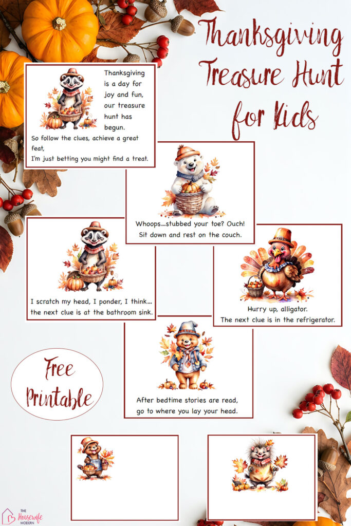 Looking for a fun Thanksgiving activity for kids? Set up an indoor treasure hunt with 16 free printable clues that lead kids from one spot to the next. Mix and match the clues to fit your home, or use the blank cards to create your own!
